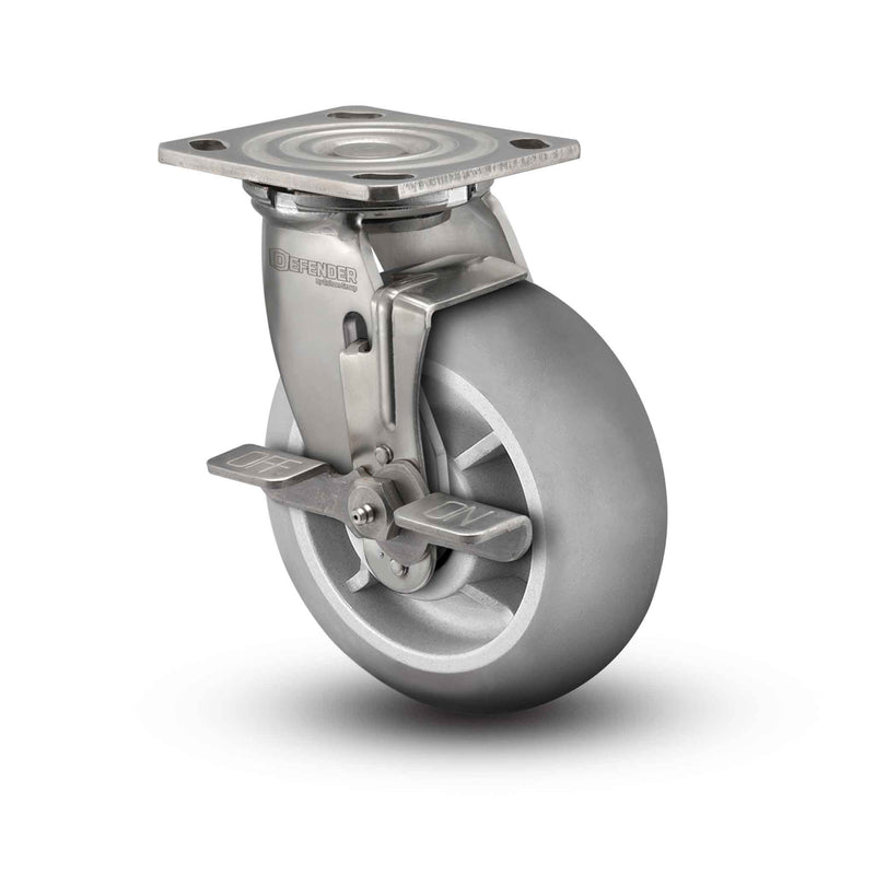 Stainless 8"x2" Performa Rubber (Round) Precision Ball Bearing Side-Lock Caster with 4"x4.5" Plate