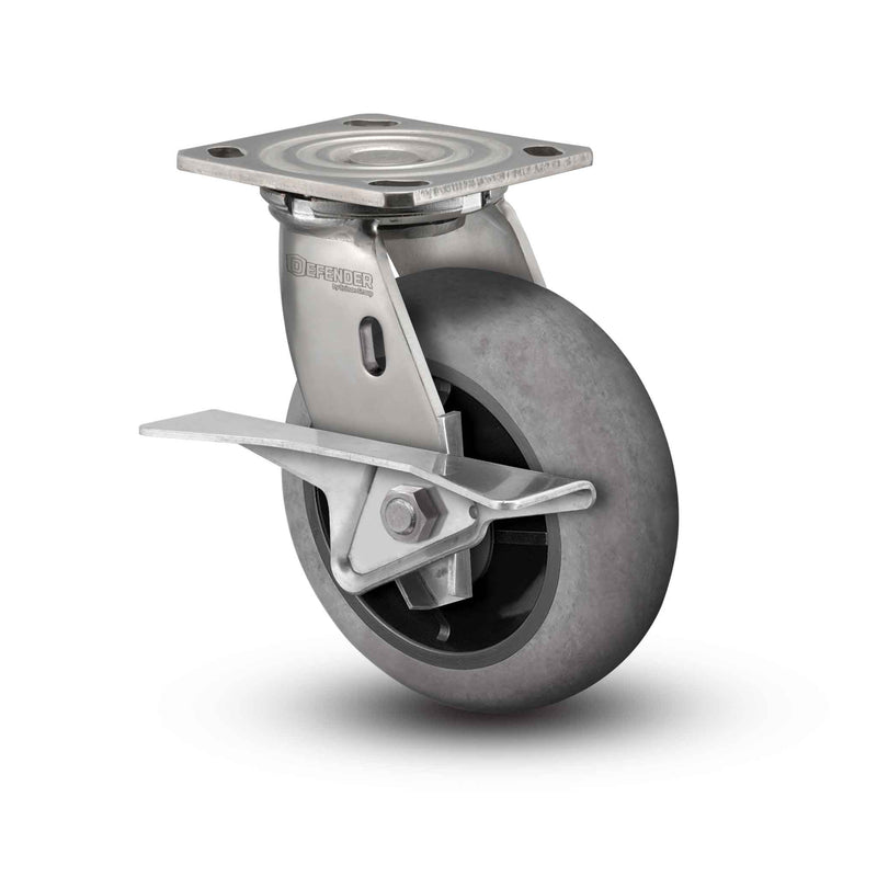 Stainless 8"x2" Performa Rubber (Round/Conductive) Roller Bearing CAM-Brake Caster with 4"x4.5" Plate
