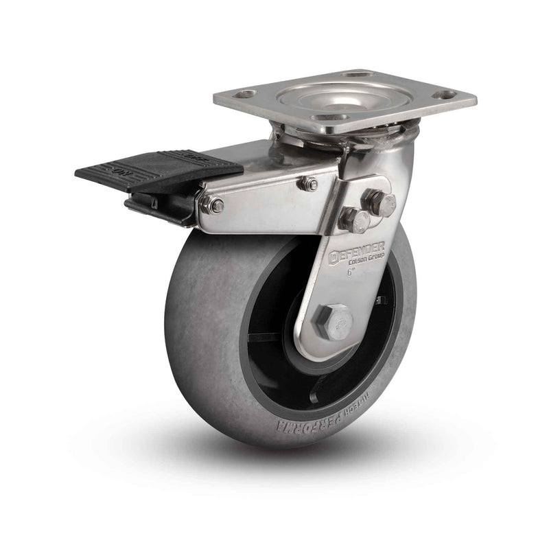 Stainless 8"x2" Performa Rubber (Round/Conductive) Precision Ball Bearing Caster with Total Lock and 4"x4.5" Plate