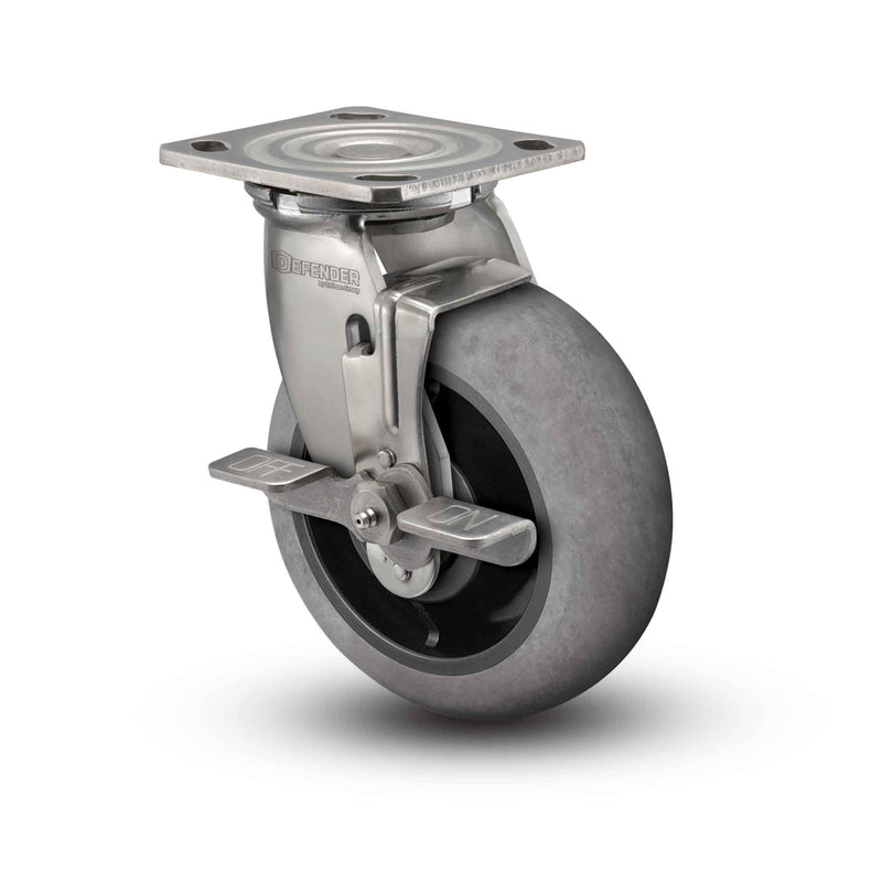 Stainless 8"x2" Performa Rubber (Round/Conductive) Roller Bearing Side-Lock Caster with 4"x4.5" Plate