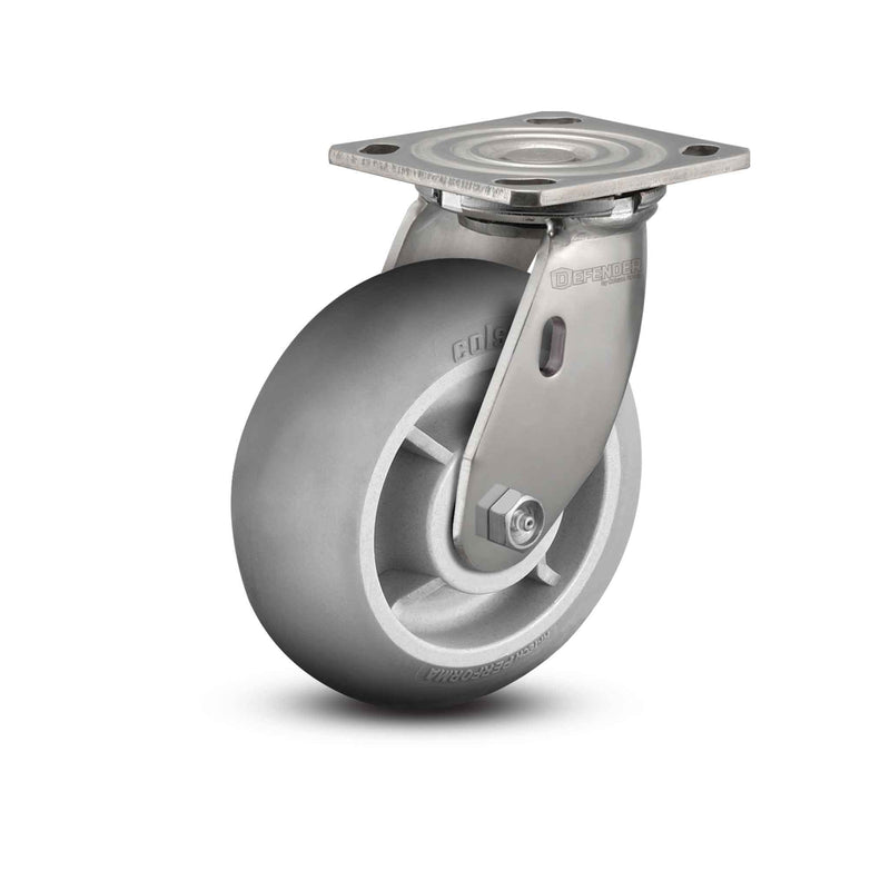 Stainless 8"x2" Performa Rubber (Round) Delrin Bearing Caster with 4"x4.5" Plate