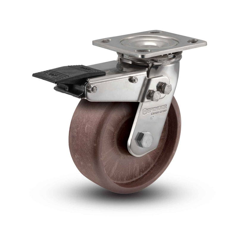 Stainless 8"x2" Thermo Hi-Temp Roller Bearing Caster with Total Lock and 4"x4.5" Plate