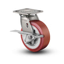 Stainless 8"x2" HI-TECH Polyurethane Roller Bearing CAM-Brake Caster with 4"x4.5" Plate