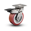 Stainless 8"x2" HI-TECH Polyurethane Delrin Bearing Caster with Total Lock and 4"x4.5" Plate