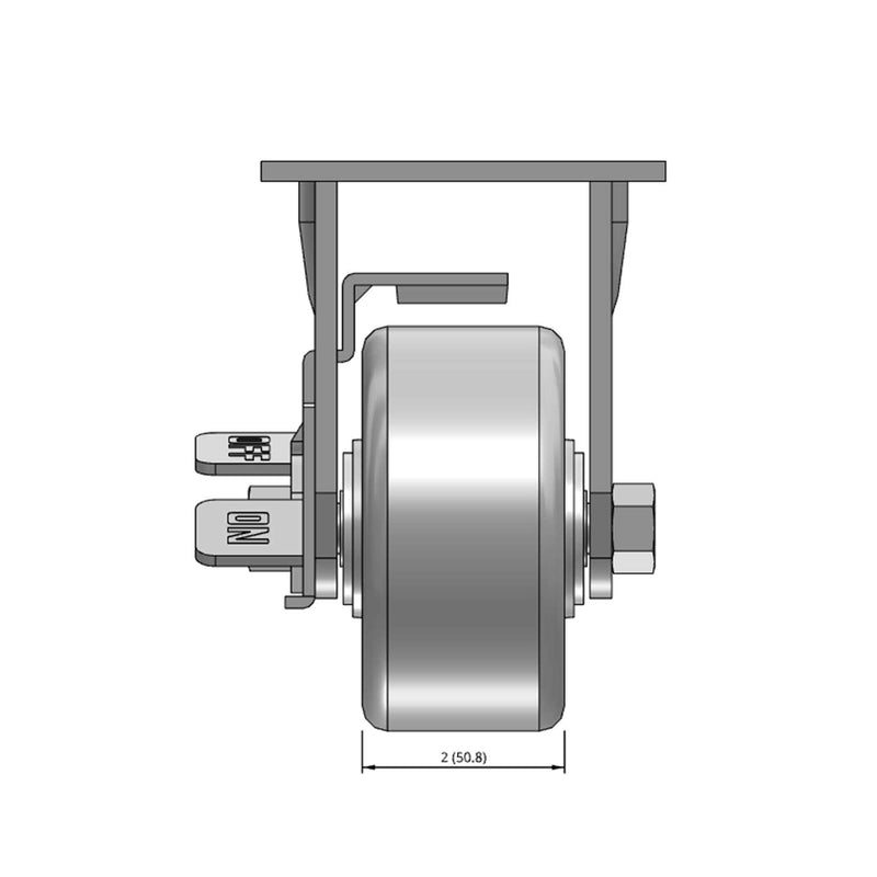 Top dimensioned CAD view of a Pemco Casters 4" x 2" wide wheel Rigid caster with 4" x 4-1/2" top plate, with a side locking brake, Cast Iron wheel and 800 lb. capacity part