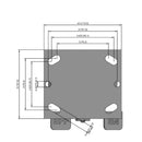 Side dimensioned CAD view of a Pemco Casters 4" x 2" wide wheel Rigid caster with 4" x 4-1/2" top plate, with a side locking brake, Cast Iron wheel and 800 lb. capacity part
