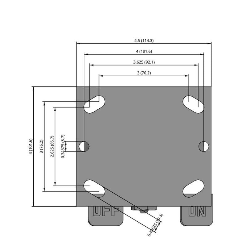 Side dimensioned CAD view of a Pemco Casters 4" x 2" wide wheel Rigid caster with 4" x 4-1/2" top plate, with a side locking brake, Cast Iron wheel and 800 lb. capacity part