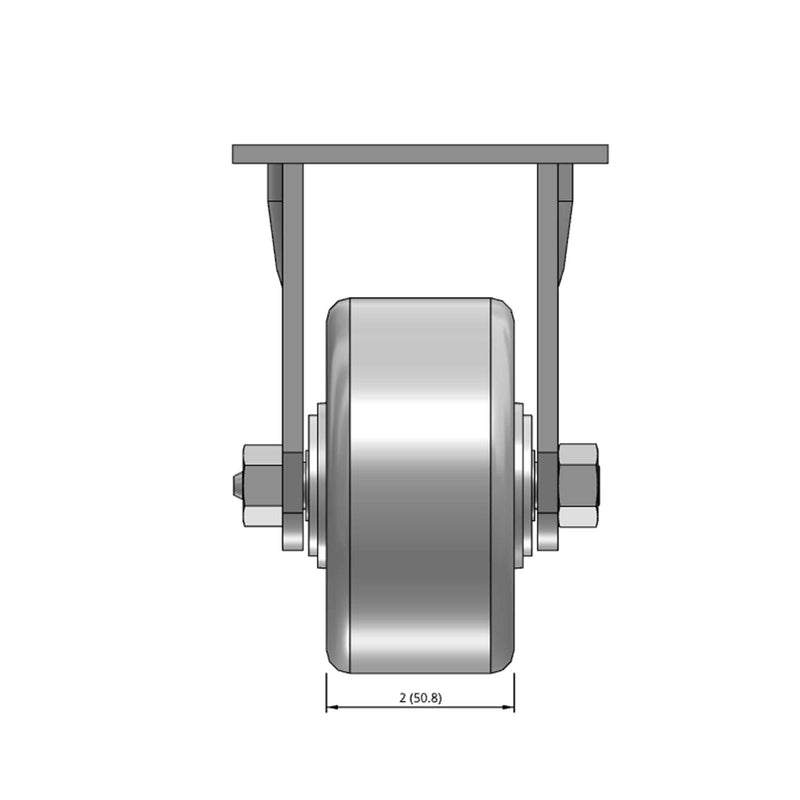 Top dimensioned CAD view of a Pemco Casters 4" x 2" wide wheel Rigid caster with 4" x 4-1/2" top plate, without a brake, Cast Iron wheel and 800 lb. capacity part