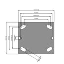 Side dimensioned CAD view of a Pemco Casters 4" x 2" wide wheel Rigid caster with 4" x 4-1/2" top plate, without a brake, Cast Iron wheel and 800 lb. capacity part