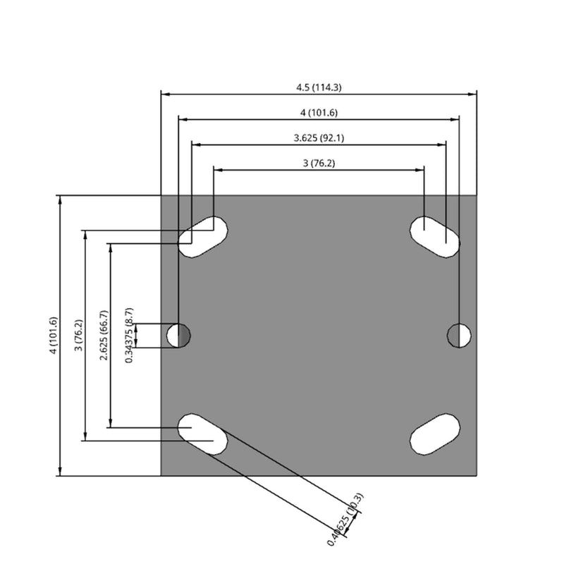 Side dimensioned CAD view of a Pemco Casters 4" x 2" wide wheel Rigid caster with 4" x 4-1/2" top plate, without a brake, Cast Iron wheel and 800 lb. capacity part
