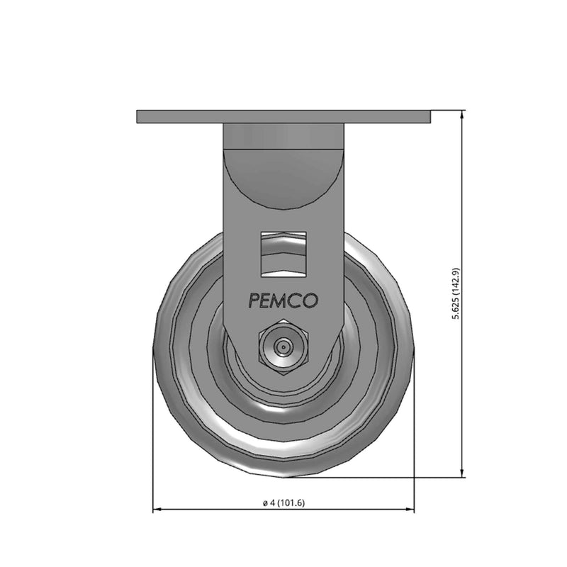 Front dimensioned CAD view of a Pemco Casters 4" x 2" wide wheel Rigid caster with 4" x 4-1/2" top plate, without a brake, Cast Iron wheel and 800 lb. capacity part