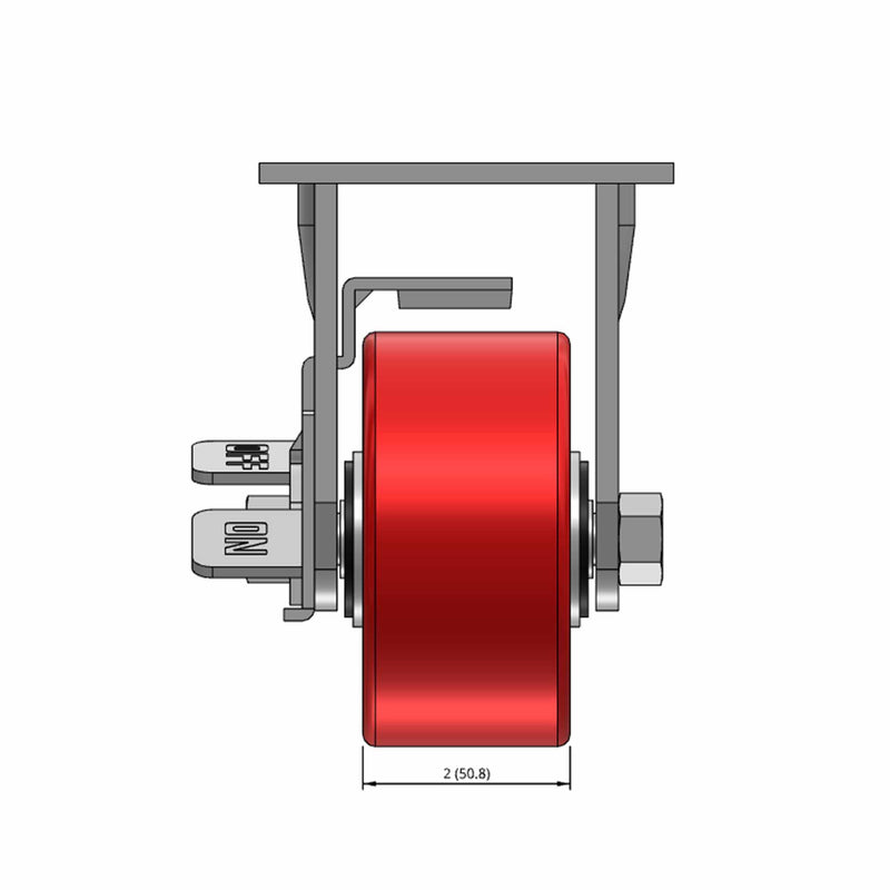 Top dimensioned CAD view of a Pemco Casters 4" x 2" wide wheel Rigid caster with 4" x 4-1/2" top plate, with a side locking brake, Mold-on Poly wheel and 800 lb. capacity part