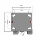 Side dimensioned CAD view of a Pemco Casters 4" x 2" wide wheel Rigid caster with 4" x 4-1/2" top plate, with a side locking brake, Mold-on Poly wheel and 800 lb. capacity part