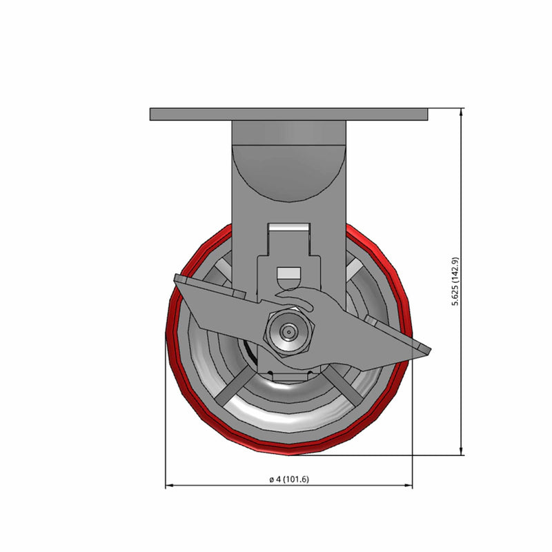 Front dimensioned CAD view of a Pemco Casters 4" x 2" wide wheel Rigid caster with 4" x 4-1/2" top plate, with a side locking brake, Mold-on Poly wheel and 800 lb. capacity part