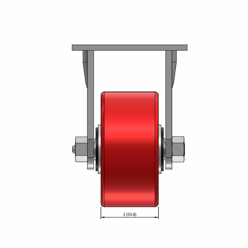 Front dimensioned CAD view of a Pemco Casters 4" x 2" wide wheel Rigid caster with 4" x 4-1/2" top plate, without a brake, Mold-on Poly wheel and 800 lb. capacity part