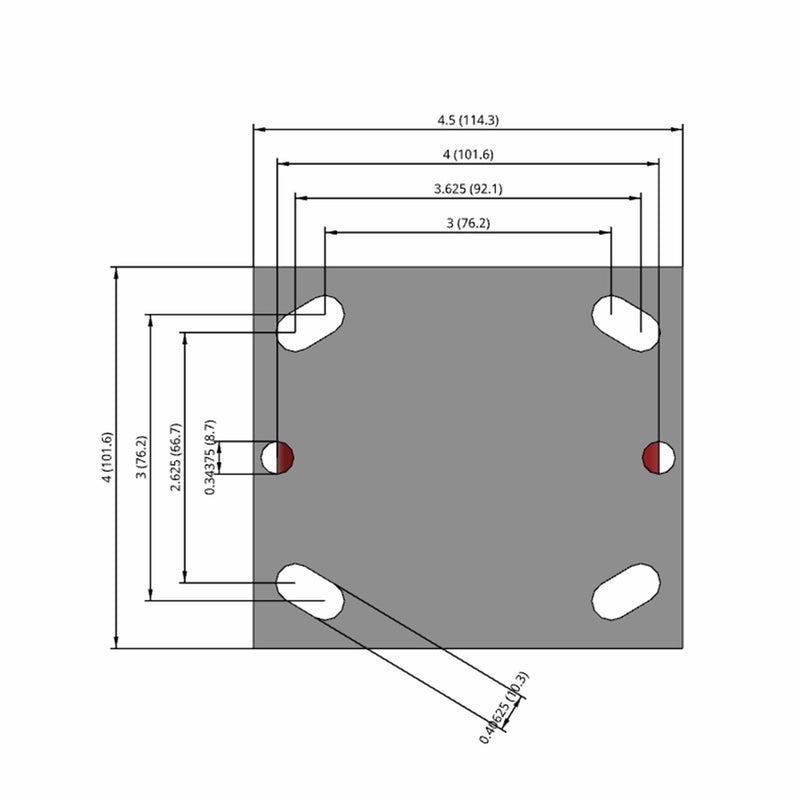 Side dimensioned CAD view of a Pemco Casters 4" x 2" wide wheel Rigid caster with 4" x 4-1/2" top plate, without a brake, Mold-on Poly wheel and 800 lb. capacity part