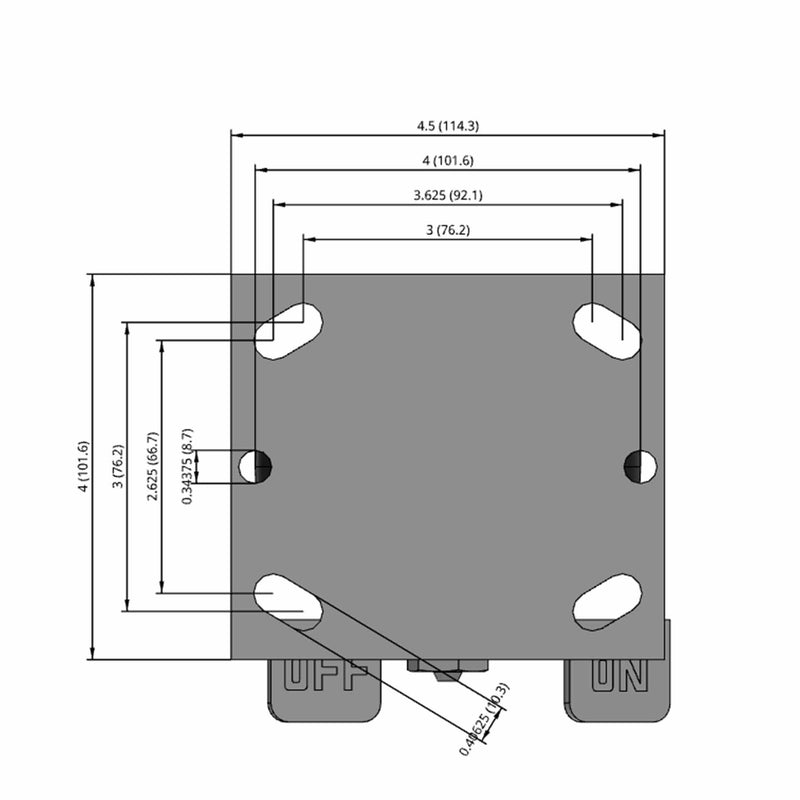 Side dimensioned CAD view of a Pemco Casters 4" x 2" wide wheel Rigid caster with 4" x 4-1/2" top plate, with a side locking brake, Mold-on Rubber wheel and 400 lb. capacity part