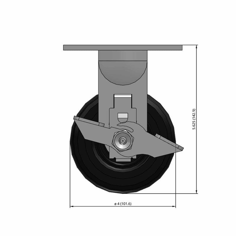 Front dimensioned CAD view of a Pemco Casters 4" x 2" wide wheel Rigid caster with 4" x 4-1/2" top plate, with a side locking brake, Mold-on Rubber wheel and 400 lb. capacity part