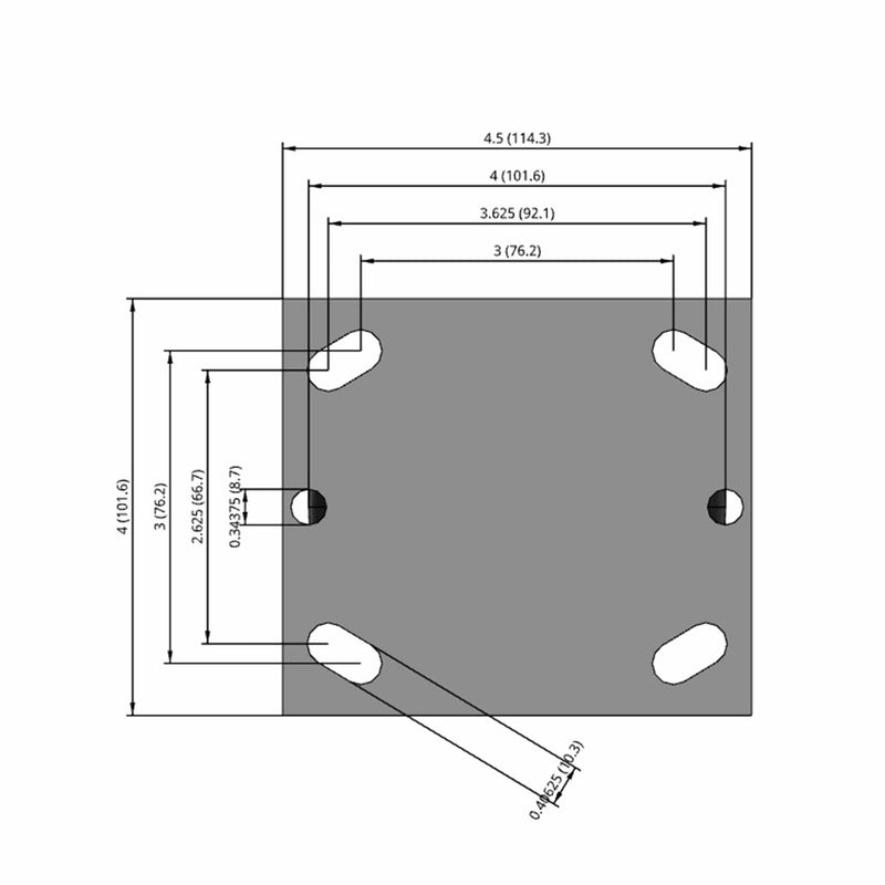 Side dimensioned CAD view of a Pemco Casters 4" x 2" wide wheel Rigid caster with 4" x 4-1/2" top plate, without a brake, Mold-on Rubber wheel and 400 lb. capacity part