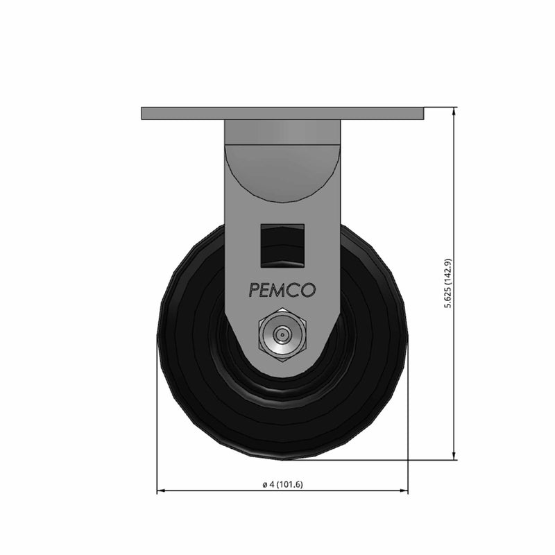 Front dimensioned CAD view of a Pemco Casters 4" x 2" wide wheel Rigid caster with 4" x 4-1/2" top plate, without a brake, Mold-on Rubber wheel and 400 lb. capacity part