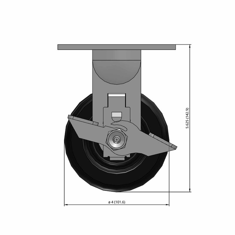 Front dimensioned CAD view of a Pemco Casters 4" x 2" wide wheel Rigid caster with 4" x 4-1/2" top plate, with a side locking brake, Phenolic wheel and 800 lb. capacity part