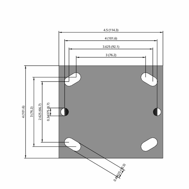 Side dimensioned CAD view of a Pemco Casters 4" x 2" wide wheel Rigid caster with 4" x 4-1/2" top plate, without a brake, Phenolic wheel and 800 lb. capacity part