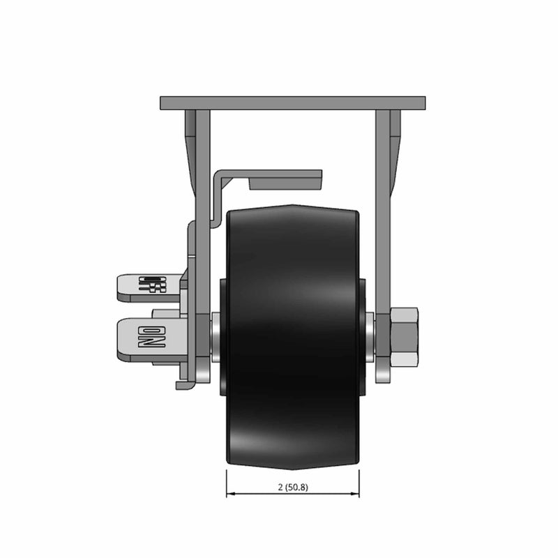 Top dimensioned CAD view of a Pemco Casters 4" x 2" wide wheel Rigid caster with 4" x 4-1/2" top plate, with a side locking brake, Polypropylene HD wheel and 500 lb. capacity part