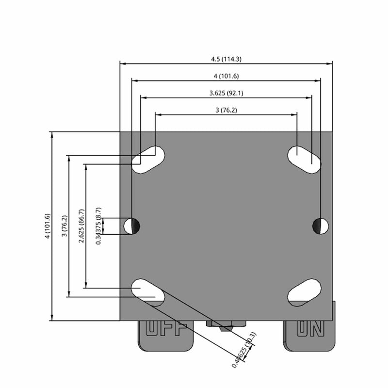 Side dimensioned CAD view of a Pemco Casters 4" x 2" wide wheel Rigid caster with 4" x 4-1/2" top plate, with a side locking brake, Polypropylene HD wheel and 500 lb. capacity part