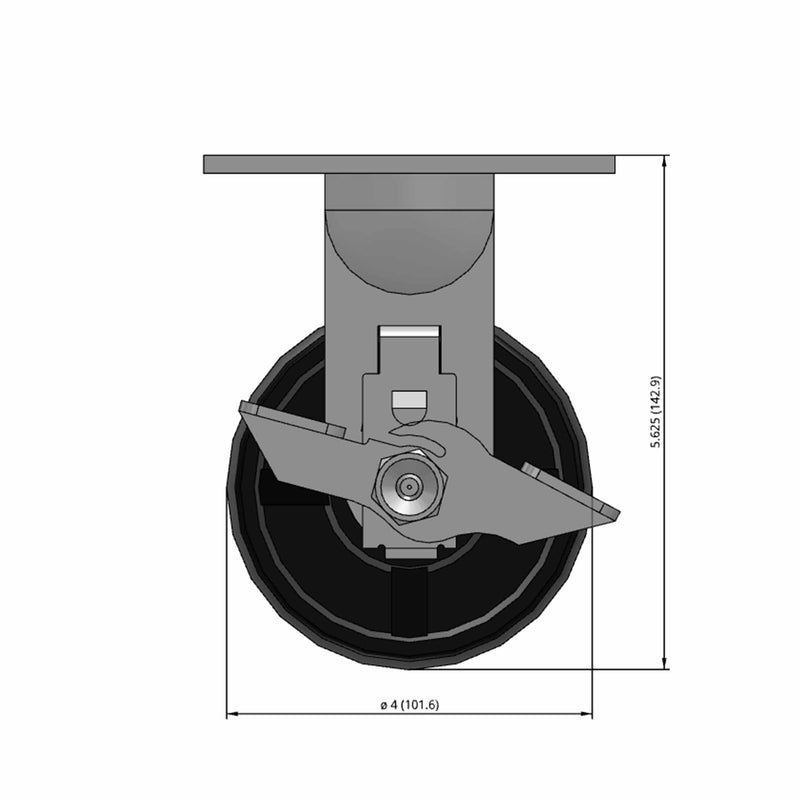 Front dimensioned CAD view of a Pemco Casters 4" x 2" wide wheel Rigid caster with 4" x 4-1/2" top plate, with a side locking brake, Polypropylene HD wheel and 500 lb. capacity part