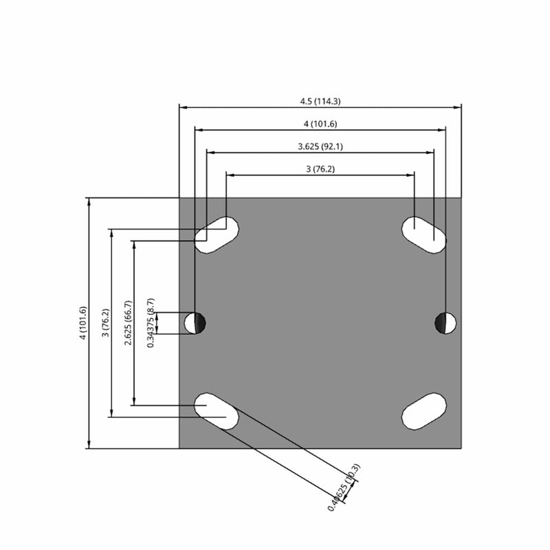 Side dimensioned CAD view of a Pemco Casters 4" x 2" wide wheel Rigid caster with 4" x 4-1/2" top plate, without a brake, Polypropylene HD wheel and 500 lb. capacity part