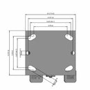 Side dimensioned CAD view of a Pemco Casters 4" x 2" wide wheel Rigid caster with 4" x 4-1/2" top plate, with a side locking brake, Thermo-Rubber (Flat) wheel and 300 lb. capacity part