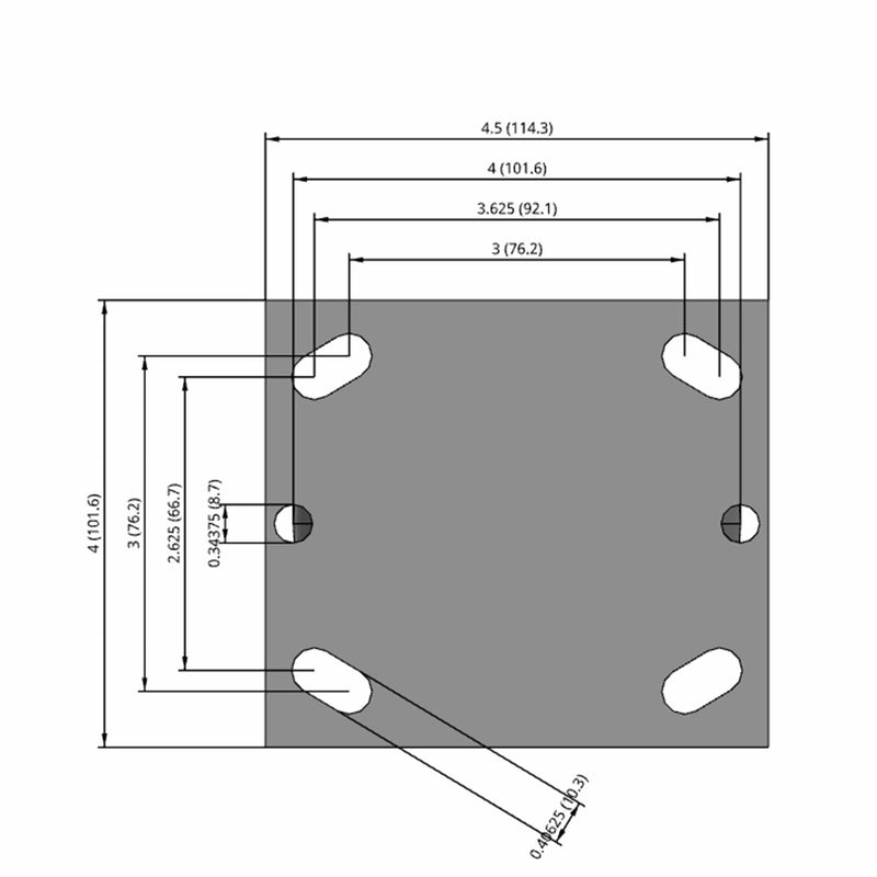 Side dimensioned CAD view of a Pemco Casters 4" x 2" wide wheel Rigid caster with 4" x 4-1/2" top plate, without a brake, Thermo-Rubber (Flat) wheel and 300 lb. capacity part