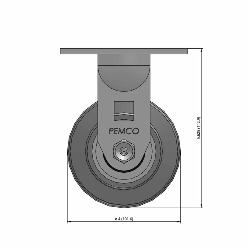 Front dimensioned CAD view of a Pemco Casters 4" x 2" wide wheel Rigid caster with 4" x 4-1/2" top plate, without a brake, Thermo-Rubber (Flat) wheel and 300 lb. capacity part
