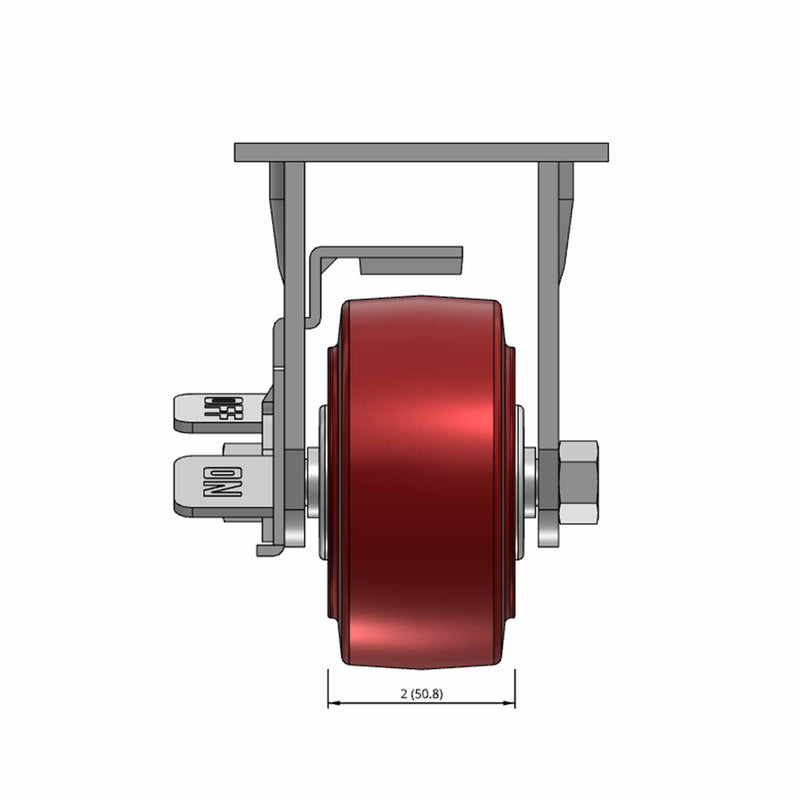 Top dimensioned CAD view of a Pemco Casters 4" x 2" wide wheel Rigid caster with 4" x 4-1/2" top plate, with a side locking brake, Thermo-Urethane wheel and 500 lb. capacity part