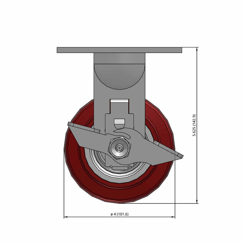 Front dimensioned CAD view of a Pemco Casters 4" x 2" wide wheel Rigid caster with 4" x 4-1/2" top plate, with a side locking brake, Thermo-Urethane wheel and 500 lb. capacity part