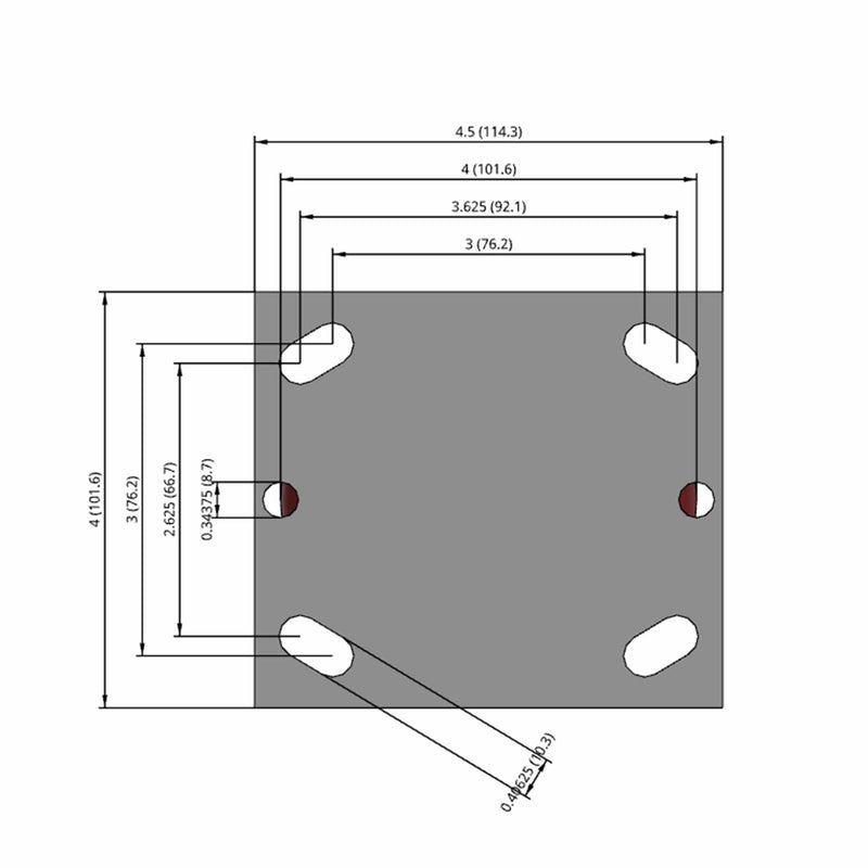 Side dimensioned CAD view of a Pemco Casters 4" x 2" wide wheel Rigid caster with 4" x 4-1/2" top plate, without a brake, Thermo-Urethane wheel and 500 lb. capacity part