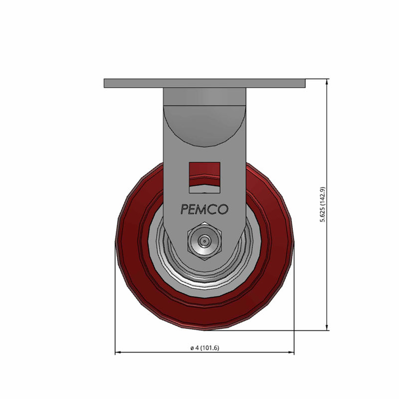 Front dimensioned CAD view of a Pemco Casters 4" x 2" wide wheel Rigid caster with 4" x 4-1/2" top plate, without a brake, Thermo-Urethane wheel and 500 lb. capacity part