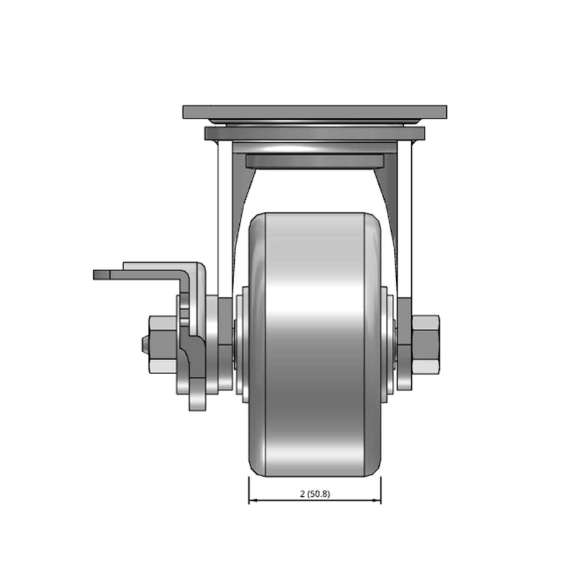Top dimensioned CAD view of a Pemco Casters 4" x 2" wide wheel Swivel caster with 4" x 4-1/2" top plate, with a side locking brake, Cast Iron wheel and 800 lb. capacity part