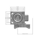 Side dimensioned CAD view of a Pemco Casters 4" x 2" wide wheel Swivel caster with 4" x 4-1/2" top plate, with a side locking brake, Cast Iron wheel and 800 lb. capacity part