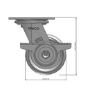 Front dimensioned CAD view of a Pemco Casters 4" x 2" wide wheel Swivel caster with 4" x 4-1/2" top plate, with a side locking brake, Cast Iron wheel and 800 lb. capacity part