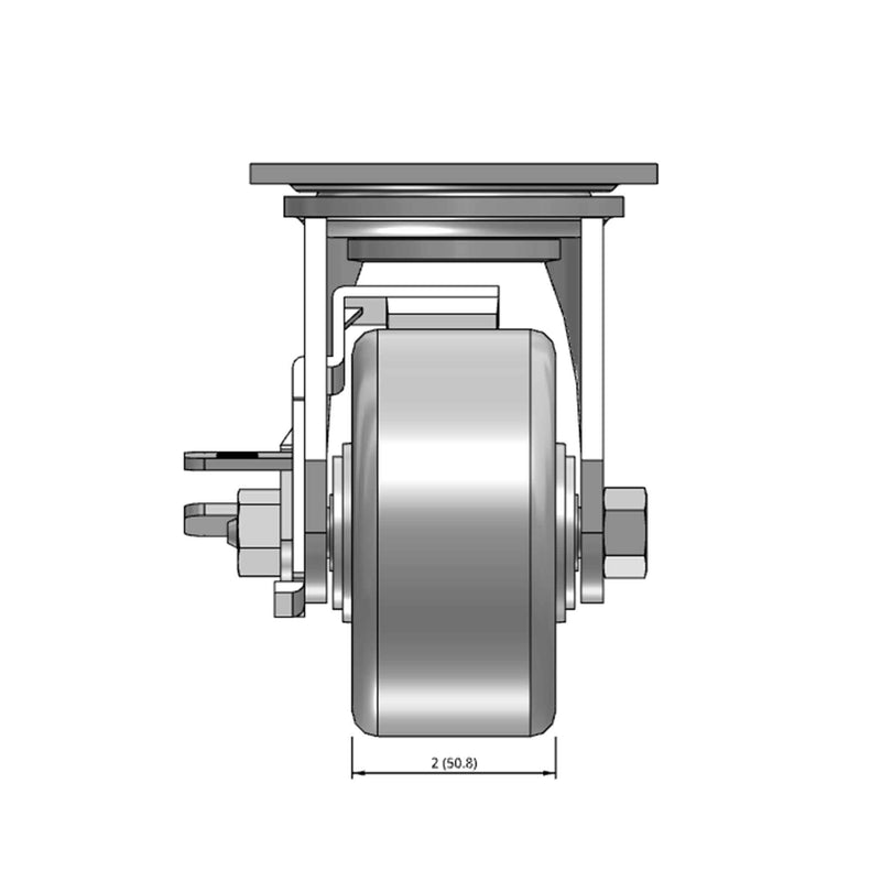 Top dimensioned CAD view of a Pemco Casters 4" x 2" wide wheel Swivel caster with 4" x 4-1/2" top plate, with a side locking brake, Cast Iron wheel and 800 lb. capacity part