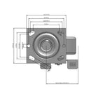 Side dimensioned CAD view of a Pemco Casters 4" x 2" wide wheel Swivel caster with 4" x 4-1/2" top plate, with a side locking brake, Cast Iron wheel and 800 lb. capacity part