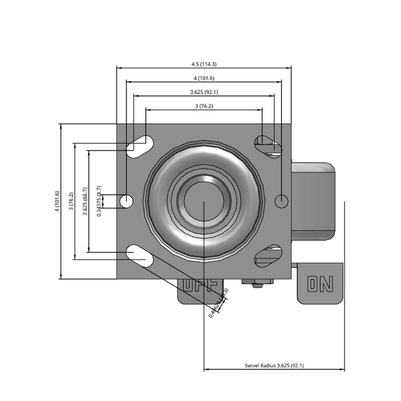 Side dimensioned CAD view of a Pemco Casters 4" x 2" wide wheel Swivel caster with 4" x 4-1/2" top plate, with a side locking brake, Cast Iron wheel and 800 lb. capacity part