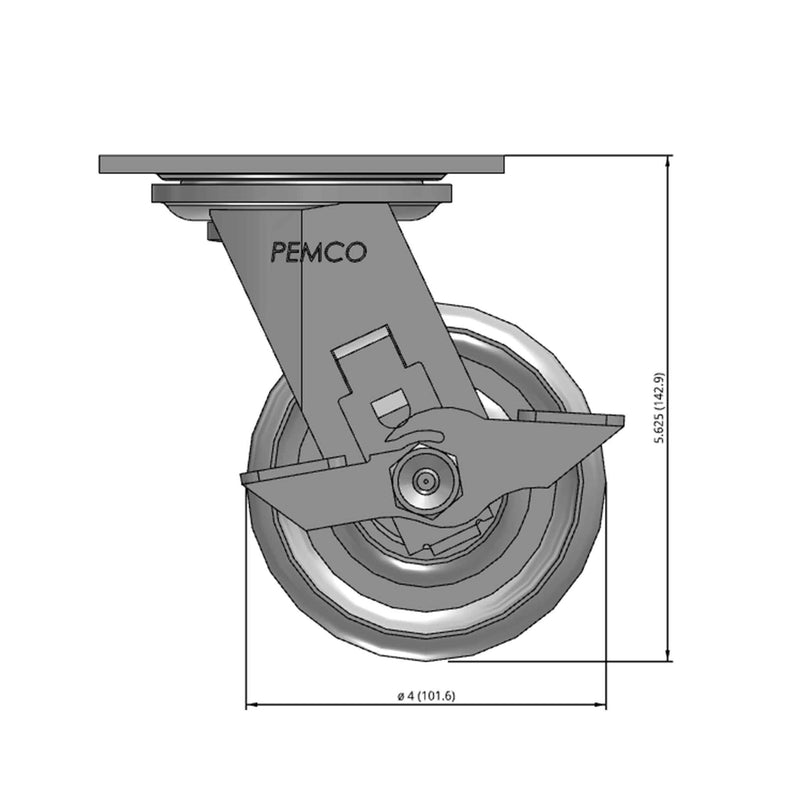 Front dimensioned CAD view of a Pemco Casters 4" x 2" wide wheel Swivel caster with 4" x 4-1/2" top plate, with a side locking brake, Cast Iron wheel and 800 lb. capacity part