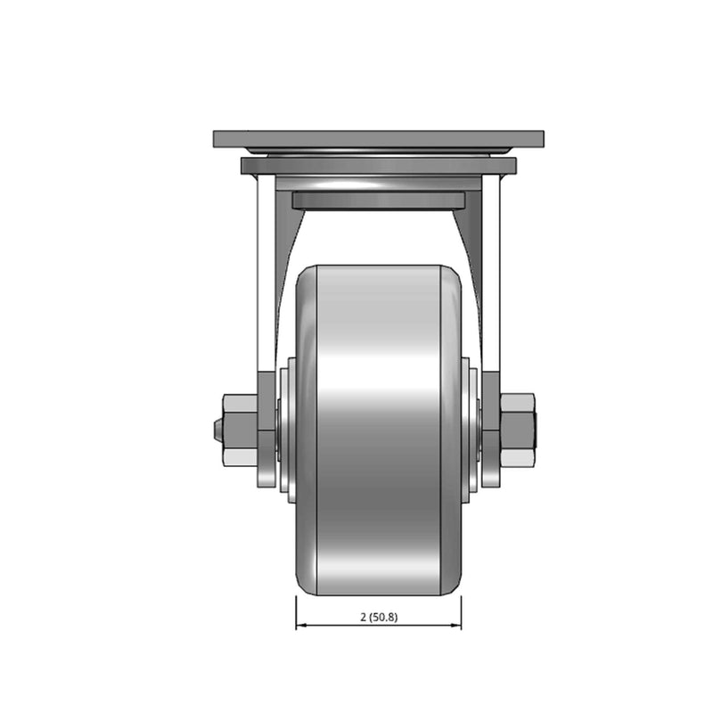 Top dimensioned CAD view of a Pemco Casters 4" x 2" wide wheel Swivel caster with 4" x 4-1/2" top plate, without a brake, Cast Iron wheel and 800 lb. capacity part