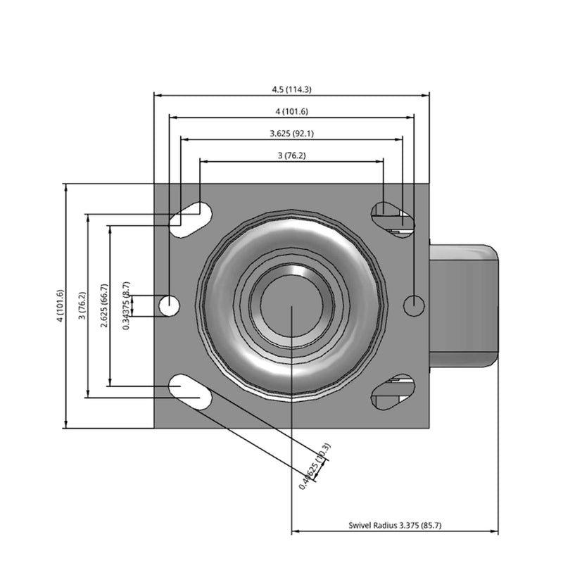 Side dimensioned CAD view of a Pemco Casters 4" x 2" wide wheel Swivel caster with 4" x 4-1/2" top plate, without a brake, Cast Iron wheel and 800 lb. capacity part