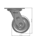 Front dimensioned CAD view of a Pemco Casters 4" x 2" wide wheel Swivel caster with 4" x 4-1/2" top plate, without a brake, Cast Iron wheel and 800 lb. capacity part