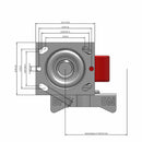 Side dimensioned CAD view of a Pemco Casters 4" x 2" wide wheel Swivel caster with 4" x 4-1/2" top plate, with a side locking brake, Mold-on Poly wheel and 800 lb. capacity part