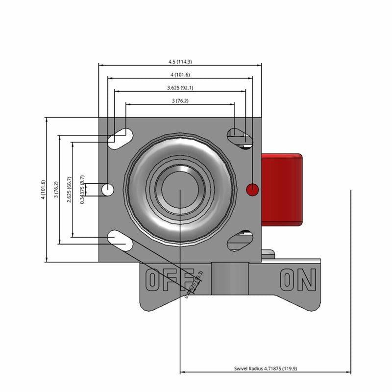 Side dimensioned CAD view of a Pemco Casters 4" x 2" wide wheel Swivel caster with 4" x 4-1/2" top plate, with a side locking brake, Mold-on Poly wheel and 800 lb. capacity part
