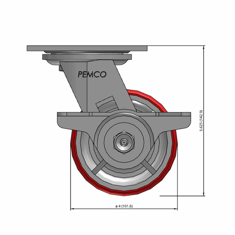 Front dimensioned CAD view of a Pemco Casters 4" x 2" wide wheel Swivel caster with 4" x 4-1/2" top plate, with a side locking brake, Mold-on Poly wheel and 800 lb. capacity part